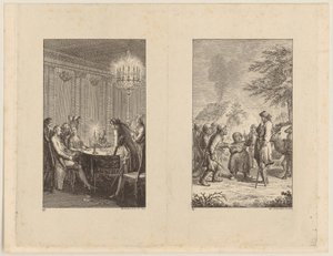 Candide hos en skuespillerinne [til venstre]; Candide i Norge [til høyre] av Daniel Nikolaus Chodowiecki