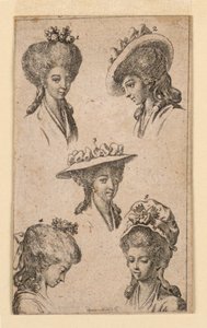 Fem hodeplagg, som bæres av Berlin-kvinner, illustrasjon for "Königl: Grosbrit [anian] genealogisk kalender for 1783-året Lauenberg av J.G. Berenberg" av Daniel Nikolaus Chodowiecki