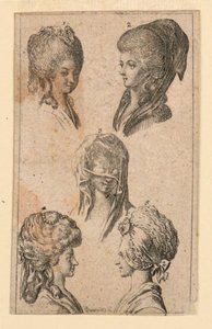 Fem hodeplagg, som bæres av Berlin-kvinner, illustrasjon for "Königl: Grosbrit [anian] genealogisk kalender for 1782-året Lauenberg av J.G. Berenberg" av Daniel Nikolaus Chodowiecki