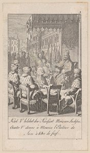 Karl V gir kurfyrst Moritz av Sachsen len, blad 3 fra serien «Eldre, middelalderlig og nyere historie» av Daniel Nikolaus Chodowiecki