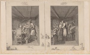 Ludwig forsørger så vidt familien gjennom sitt arbeid [til venstre]; Faren vender tilbake til familien sin beriket med skatter [til høyre] av Daniel Nikolaus Chodowiecki