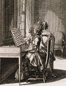 Musikk, kvinne som spiller spinet, av Daniel Nikolaus Chodowiecki (1726-1801), fra Occupations des dames, Tyskland, Polen av Daniel Nikolaus Chodowiecki