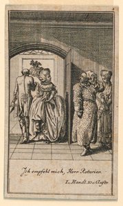 Det eldre paret avslutter hovmodig et besøk, illustrasjon av skuespillet "Not more than sachs Schuesseln" av Fredrich Wilhelm Grossman i "Königl: Grosbrit [nische] genealogical calendar on the 1782 year Lauenberg av J.G. Berenberg" av Daniel Nikolaus Chodowiecki
