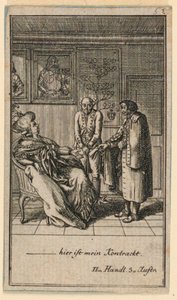 The Elderly Woman Hires a Man, illustrasjon av skuespillet "Not more than sachs Schuesseln" av Fredrich Wilhelm Grossman i "Königl: Grosbrit [anian] genealogical calendar for the 1782 year Lauenberg by J.G. Berenberg" av Daniel Nikolaus Chodowiecki