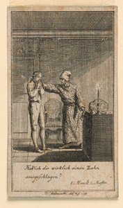 The Slap in the Face, illustrasjon av skuespillet "Not more than sachs Schuesseln" av Fredrich Wilhelm Grossman i "Königl: Grosbrit [anian] genealogical calendar for the 1782 year Lauenberg by J.G. Berenberg" av Daniel Nikolaus Chodowiecki