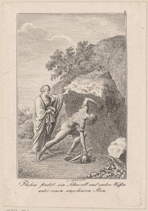Thesevs finner et sverd og andre våpen under en stein, blad 1 til Beckers "Thesevs" av Daniel Nikolaus Chodowiecki