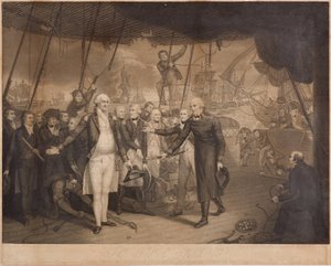 Lord Viscount Duncans seier og admiral De Winters resignasjon om bord på Venerable, oktober 1797 (stippgravering)