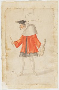 En musiker fra Ballet du Serieux et du Grotesque, 1627 (brunt blekk og wc på lagt papir)