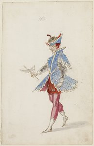Mannsfigur i blått og rødt kostyme fra Ballet des quatre saisons de lAnnee, 1626 (brunt blekk, wc og metallisk maling over en undertegning av svart kritt på lagt papir)