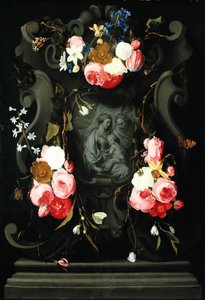 Blomsterkrans med den hellige familie, 1625-27 (olje på kobber)