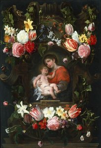 Blomsterkrans med Madonna og barn, første tredjedel av 1600-tallet.