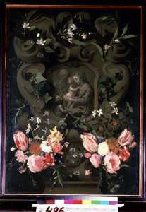 Madonna og barn, den hellige Elisabeth og døperen Johannes som barn i en blomsterkrans. Maleri av Daniel Seghers (1590-1661). Olje på kobber, 84 x 61 cm av Daniel Seghers