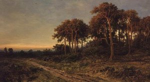 Landskap med to figurer ved solnedgang