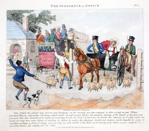 The Insolence of Office, illustrasjon fra "Fashionable Bores or Coolers in High Life" av Peter Quiz, pub. Thomas McLean, London 1824 (håndfarget gravering)