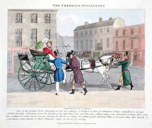 The Pressing Invitation, illustrasjon fra "Fashionable Bores or Coolers in High Life" av Peter Quiz, pub. Thomas McLean, London 1824 (håndfarget gravering)