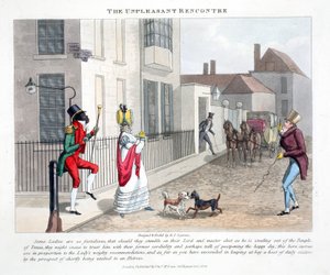 The Unpleasant Rencontre, illustrasjon fra "Fashionable Bores or Coolers in High Life" av Peter Quiz, pub. Thomas McLean, London 1824 (håndfarget gravering)