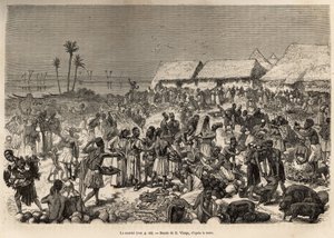 En svært animert marsj nær Kongo-elven, som samlet mer enn tre tusen mennesker, etset etter en tegning av D.Vierge, som illustrerer David Livingstones siste dagbok (1813-1873), i 1866-1873, publisert i "Le tour du monde" 1875, redigert av Edouar av Daniel Urrabieta Vierge