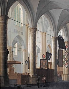 Interiøret i Grote Kerk i Dordrecht, med figurer som snakker og barn som leker