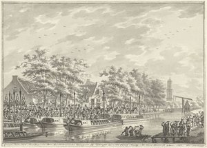 Amsterdammers ankomst til Utrecht, 1787 Utsikt over ankomsten til Amsterdam-borgerne ved Utregt ved De Rooy Brug. Etter Den Dom å se. 1787. (tittel på objekt)