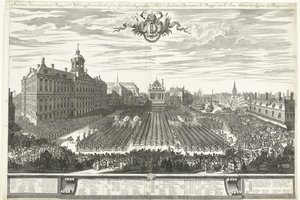Skyttere på Dam-plassen under Amsterdam-messen, 1686 Amsterdam-messen som viser Burgery in the Arms, sig Presenterer til Groot Agtb: Heeren Burgermeesteren (tittel på objekt) Foire d' Amsterdam Represanten les Bourgois sous les Armes