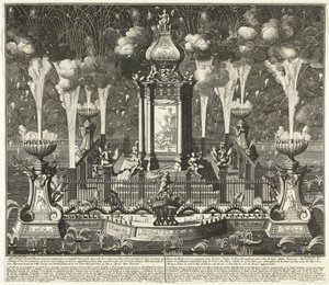 Fyrverkeri ved feiringen av Utrecht-traktaten, 1713 Bilde av teatret med syn ornamenter og constigh fyrverkeri, reist av ordere van Haar Ed. Groot Mog: Heeren Staten van Holland og West Vriesland (...) i Haag, i vyver ( av Daniël Stopendaal