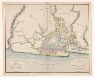En del av et kart over Surinam Generelt kart over kolonien Surinam, som hovedsakelig viser de nåværende bygningene i denne kolonien av Daniël Veelwaard (I)