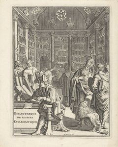 Bibliotekinteriør med presteskap Tittelside for: Bibliotheque des Authors Ecclesiastiques, uten årstall av Daniël met de Penningen