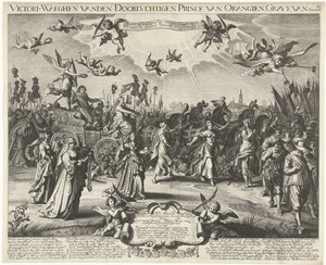 Allegorisk triumfinntreden av Frederick Henry, 1629 Victori-Waeghen vanden Serene Airways Prince of Orangien, Grave of Nassou etc. (tittel på objekt) av Daniël van den Bremden