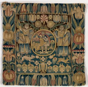 Putetrekk av billedvev som viser Samson som dreper løven, laget i Schleswig-Holstein, Danmark, ca. 1615 (ull) av Danish School