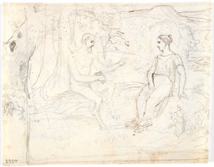 En satyr med en fløyte og en ung jente, sittende i en skog av Dankvart Dreyer