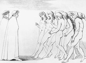 Sjel skremmer når de ser at Dante er i live, illustrasjon for 3. canto of Purgatory, Divine Comedy, allegorisk dikt av Dante Alighieri (1265-1321) av Dante Alighieri