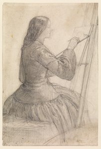 Elizabeth Siddal sittende ved et staffeli, maleri, 1854-55 ca av Dante Gabriel Charles Rossetti