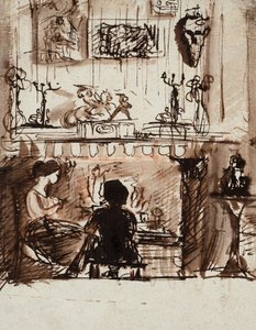 Lizzie Siddal og Woolner i et imaginært rom (penn, blekk og vask)