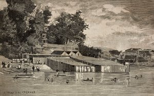 Badeanlegg, offentlige bad i Tiber i Roma, Italia, gravering fra tegning av Dante Paolocci, fra L'Illustrazione Italiana nr. 36, 21. august av Dante Paolocci