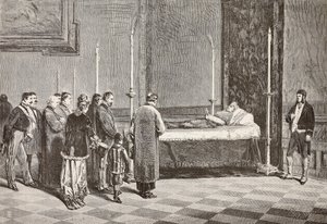 Kardinal Giacomo Antonellis kropp liggende i tilstand i et av rommene i Vatikanet, gravert fra en tegning av Dante Paolocci fra L'Illustrazione Italiana, nr. 57, 26. november av Dante Paolocci