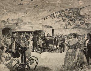 Karnevalsfest på International Artistic Club (Circolo Artistico) i Roma, Italia, gravering etter tegning av Dante Paolocci, fra L'Illustrazione Italiana, år XX, nr. 9, 26. februar av Dante Paolocci