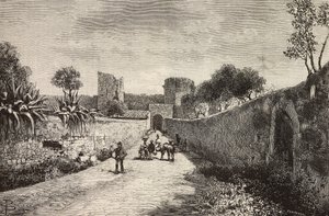 Castello gate, Corneto Tarquinia, Italia, gravering fra tegning av Dante Paolocci, fra L'Illustrazione Italiana, nr. 47, 23. november av Dante Paolocci