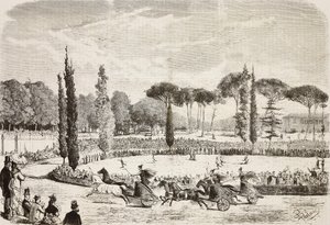 Vognløp i Villa Borghese, Roma, Italia, gravering fra tegning av Dante Paolocci fra L'Illustrazione Italiana, nr. 39, 23. juli av Dante Paolocci