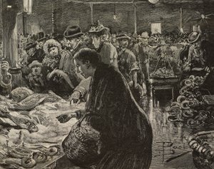 Julemarked i Roma, Italia, gravering etter tegning av Dante Paolocci, fra L'Illustrazione Italiana, år XX, nr. 53, 31. desember