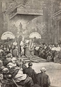 Konsistoriet 13. november, pave Leo XIII hvor han skapte nye kardinaler, Vatikanet, gravering fra tegning av Dante Paolocci, fra L'Illustrazione Italiana, nr. 48, 30. november av Dante Paolocci