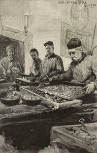 Telling av mynter i mynte i Roma, Italia, gravering etter tegning av Dante Paolocci, fra L'Illustrazione Italiana, år XX, nr. 51, 17. desember av Dante Paolocci