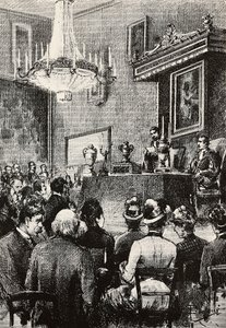 Valg av regenter i republikken San Marino, gravering fra tegning av Dante Paolocci, fra L'Illustrazione Italiana, nr. 44, 2. november
