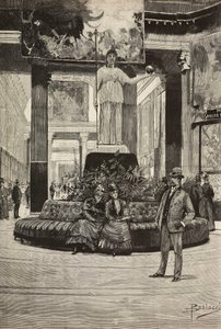 Utstilling av stoffer og blonder, Rotonda and Fabrics Gallery, Roma, Italia, gravering fra tegning av Dante Paolocci, fra L'Illustrazione Italiana, nr. 15, 10. april av Dante Paolocci