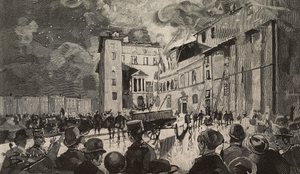 Brann av israelske skoler i 1893, Roma, Italia, gravering etter tegning av Dante Paolocci, fra L'Illustrazione Italiana, år XX, nr. 7, 12. februar av Dante Paolocci