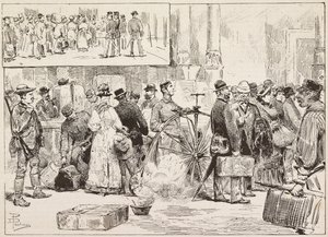 Desinfisering mot kolera på stasjonen, lærling på velocipede, Roma, Italia, gravering fra tegning av Dante Paolocci, fra L'Illustrazione Italiana, nr. 37, 14. september av Dante Paolocci