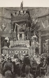 Italienske politikere og offiserer som deltar i begravelsesseremonien til Victor Emmanuel II (1820-1878), konge av Italia, Roma, Italia, gravering fra tegning av Dante Paolocci, fra L'Illustrazione Italiana, år 12, nr. 5, 1. februar av Dante Paolocci