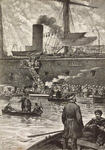 Italienske soldater går ombord på slagskipet Principe Amedeo, italiensk ekspedisjon i Rødehavet, Napoli, Italia, gravering fra tegning av Dante Paolocci, fra L'Illustrazione Italiana, år 12, nr. 5, 1. februar av Dante Paolocci
