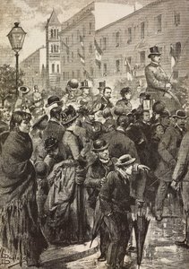 Kong Umberto I og dronning Margherita vender tilbake fra sitt besøk i Napoli rammet av kolera, Roma, Italia, gravering fra tegning av Dante Paolocci, fra L'Illustrazione Italiana, nr. 49, 7. desember