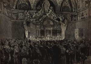 Leo XIII tar imot franske pilegrimer i Ducal Hall, Papal Jubilee, Vatikanet, gravering fra tegning av Dante Paolocci, fra L'Illustrazione Italiana No 46, 30. oktober av Dante Paolocci