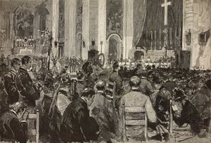 Obsequies for døde i Dogali i kirken Sant Andrea della Valle, Roma, gravering fra tegning av Dante Paolocci, fra L'Illustrazione Italiana, nr. 11, 13. mars av Dante Paolocci